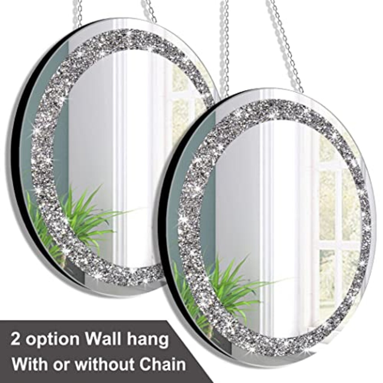 2 Pack Crystal Crush Diamond Silver Mirror Diameter 12 inch Round Shape with Iron Chain Real Glass Mirror for Wall Decor
